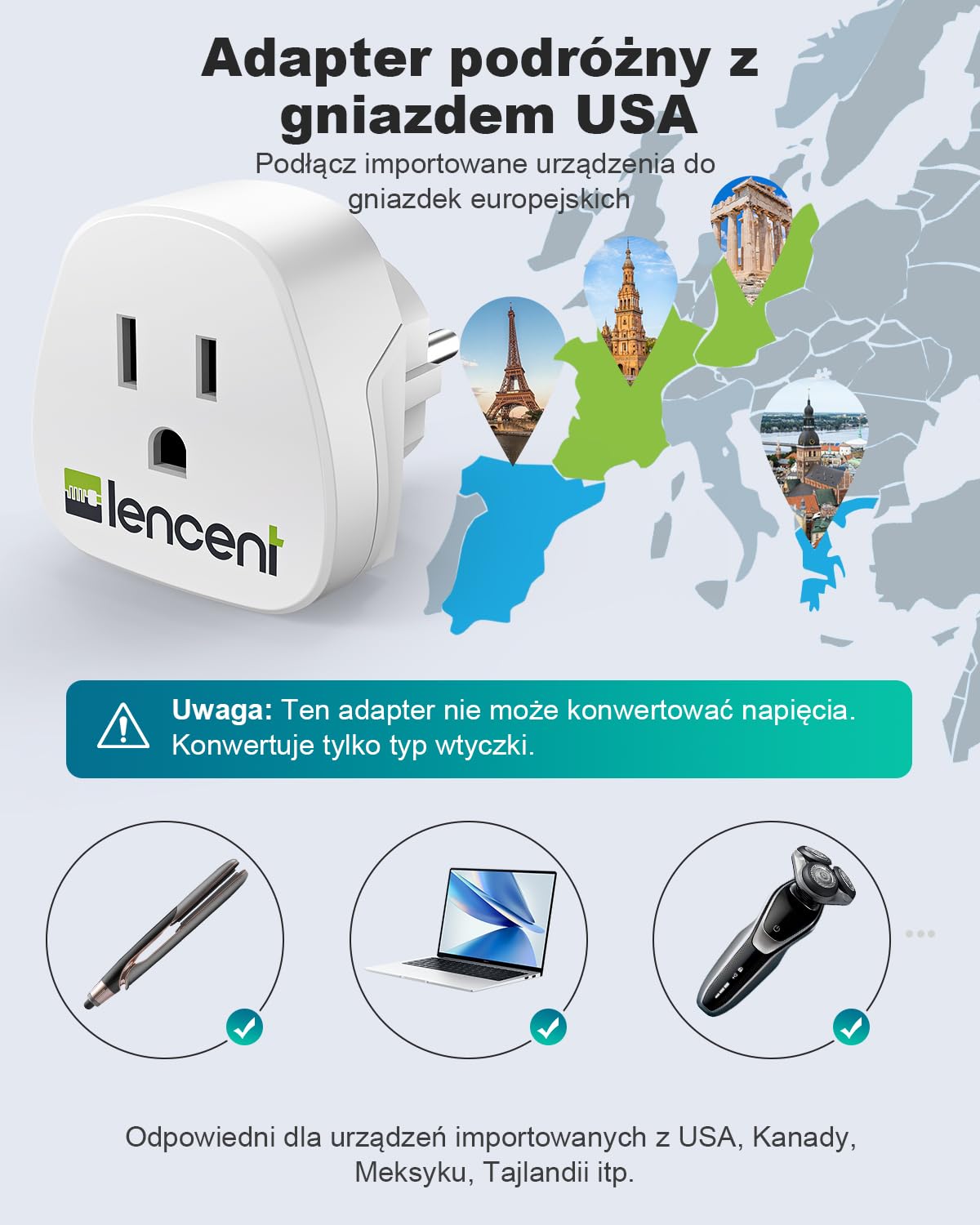 LENCENT 2 sztuki Adapter Podróżny USA do Polski/UE Wtyczka, Typu-C/E/F Podróżna Adapter [3250 W/13 A MAX] Wtyczki Adapter, Ameryki USA, Japonia, Kanada, Meksyk Wtyczka do Polski/UE ładowarka ścienna
