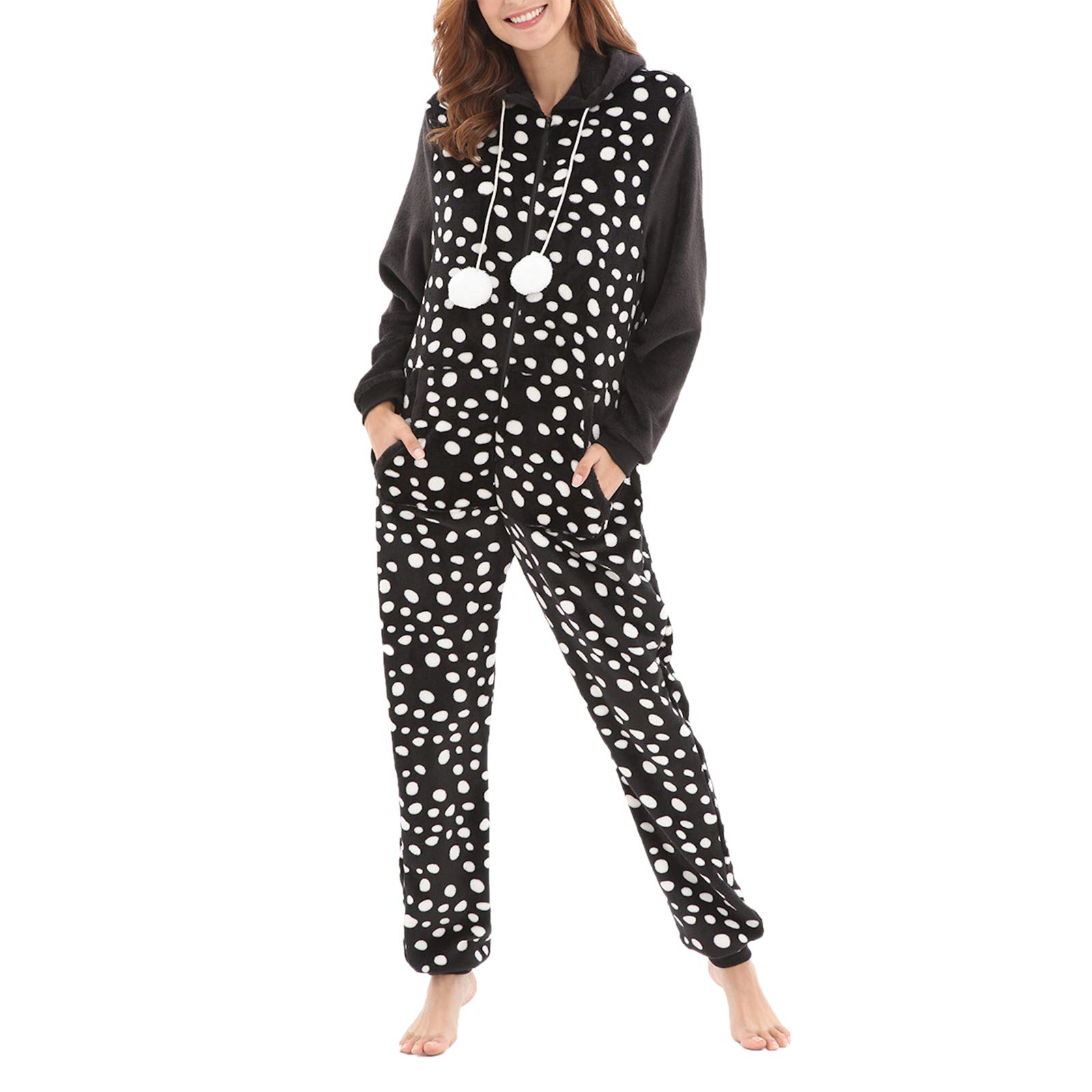 Elonglin Damen Jumpsuits Schlafoveralls Flanell Overall Mit Kapuze Warm Winter Herbst Casual
