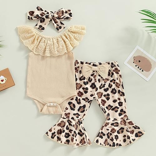 Miniatura 3 de Conjunto de ropa para bebé niña mameluco acanalado con volantes parte superior lisa pantalones largos acampanados lindos pantalones de otoño e