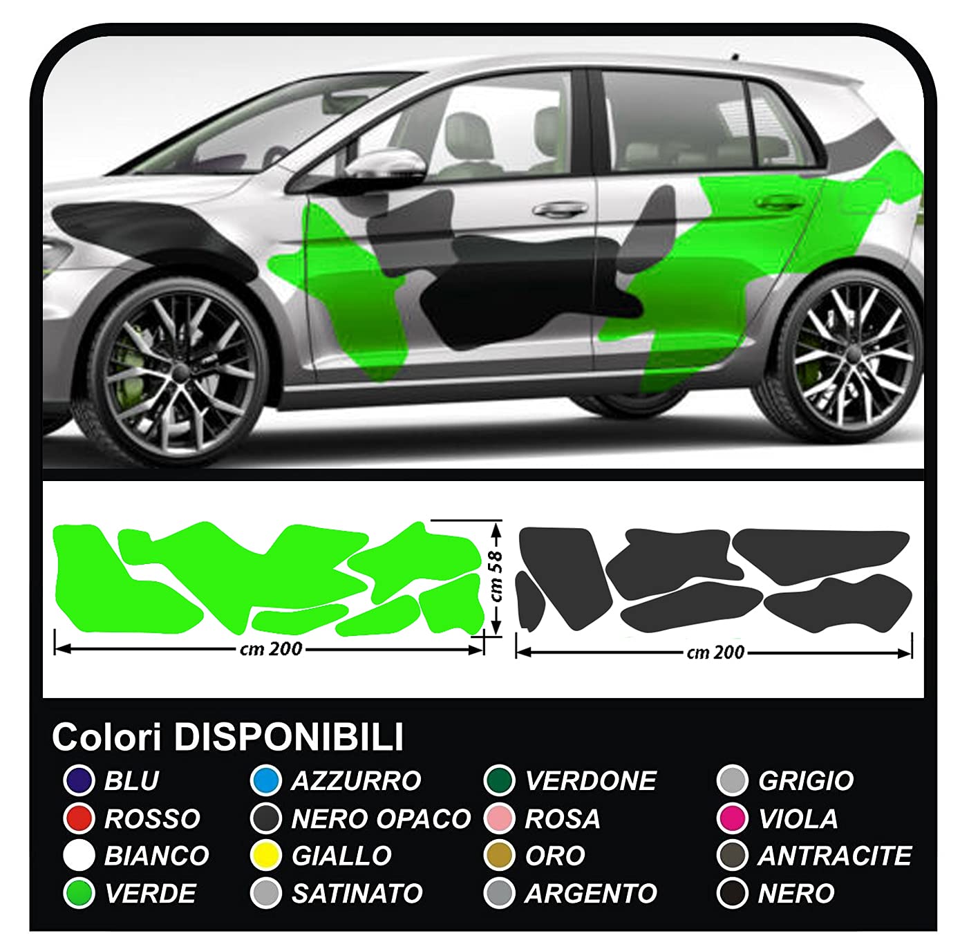 Grafic Adesivi fiancate Auto mimetici Set Completo Camouflage per Auto Car Decal Racing Sticker Decorazione fiancate Sport (Nero E Verde Acido)
