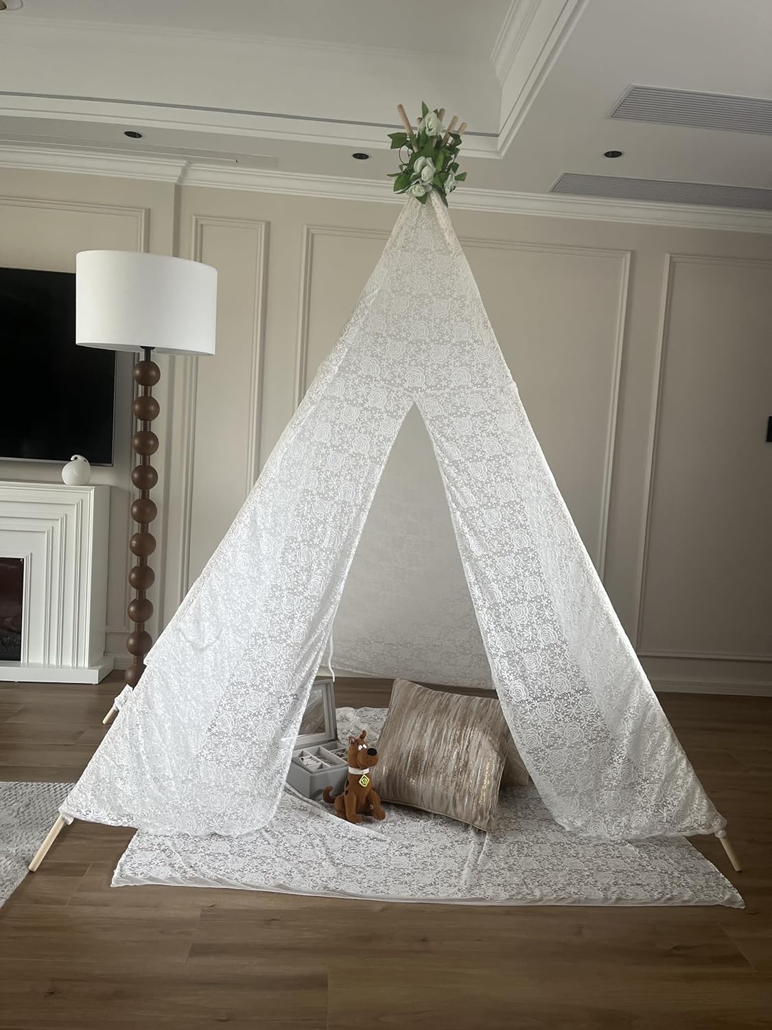 Adult White 5-Pole Lace Indian Style Tent, 85" Height, Indoor-Outdoor Party Picnic House, Outdoor Wedding Tent, Girls Play House