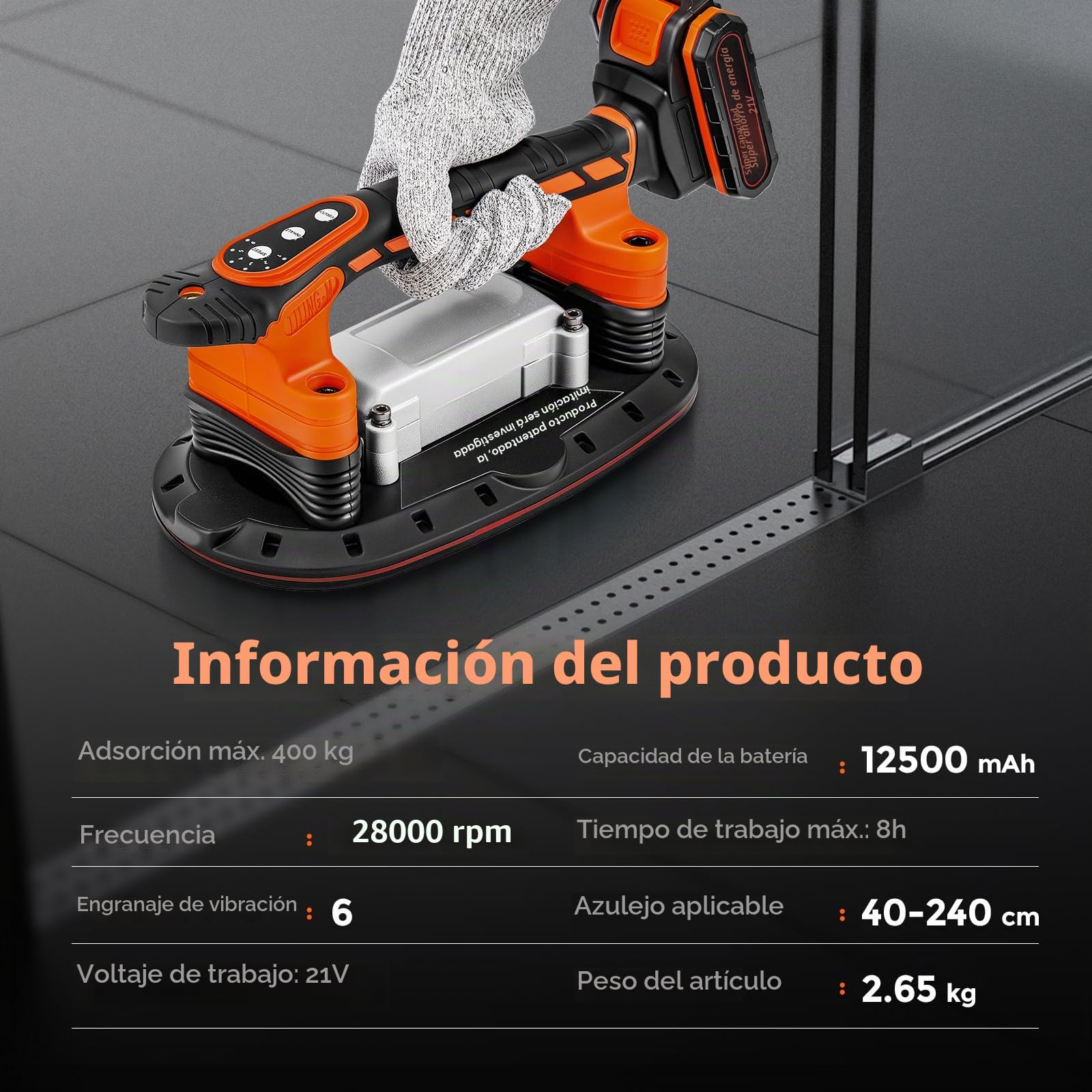 Bonvoisin 2 en 1 Vibrador para Azulejos y Ventosa 400kg Adsorpción (EU) | 2-En-1 Ventosa y Vibratore, Fuerza De Succión De 400 Kg, 6 Niveles Ajustables, Dos Baterías Para Uso Inalámbrico