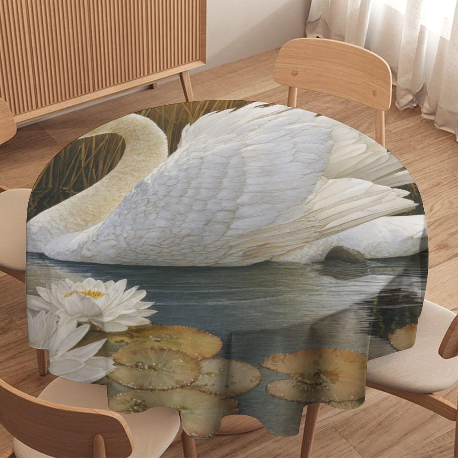 LUYYSKY Vintage Rustic Elegant Swan Round Tablecloth Modern Realistic Lake Lotus Flowers Animal Swan Pattern Washable Decor for Table Cover for Kitchen-127 Wx127 L cm