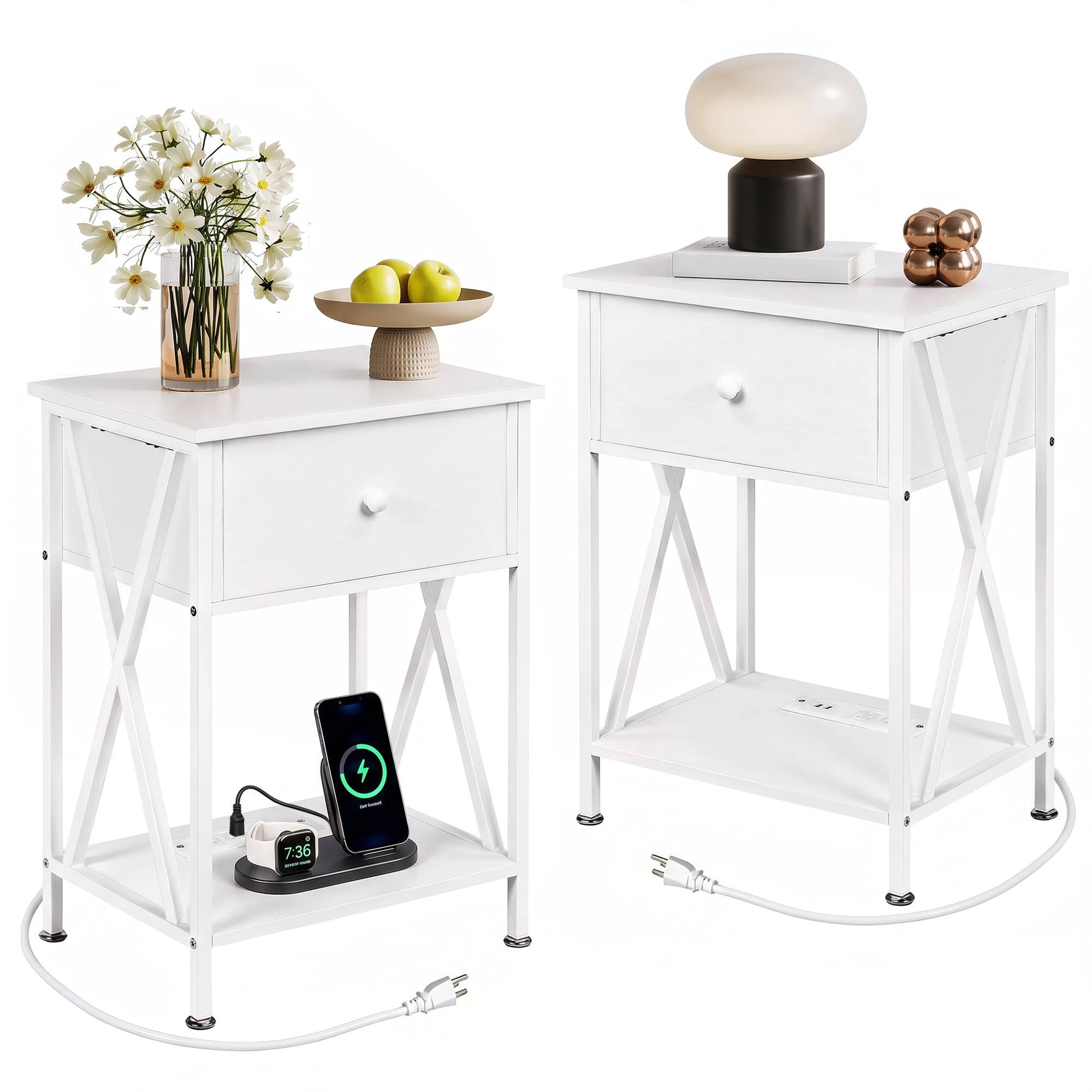 VECELO Nightstand Set of 2,End Tables with Charging Station,Bed Side Table with Open Shelf &amp;USB Ports &amp; Outlets,Small Dresser for Bedroom, Living Room,White