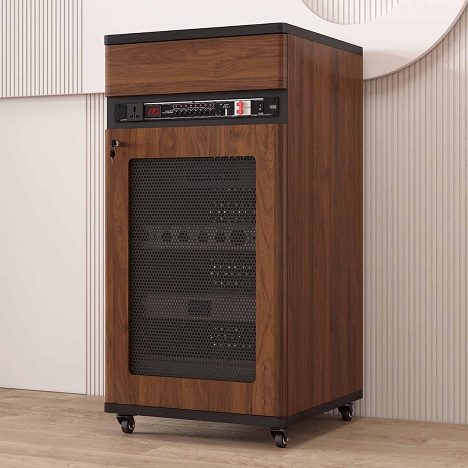 Armadietto per giradischi angolare in noce, supporto AV e supporto multimediale, moderno armadio stereo per dischi in vinile, altoparlanti e accessori (medie dimensioni)