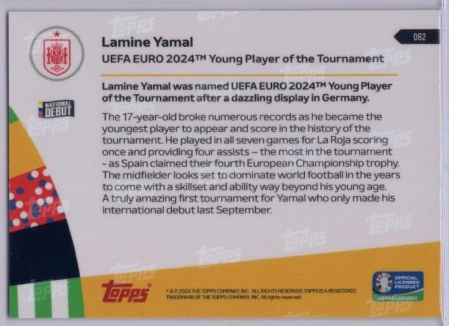 2024 Topps Now Lamine Yamal #062 Young Player of Tournament Rookie RC Soccer Card