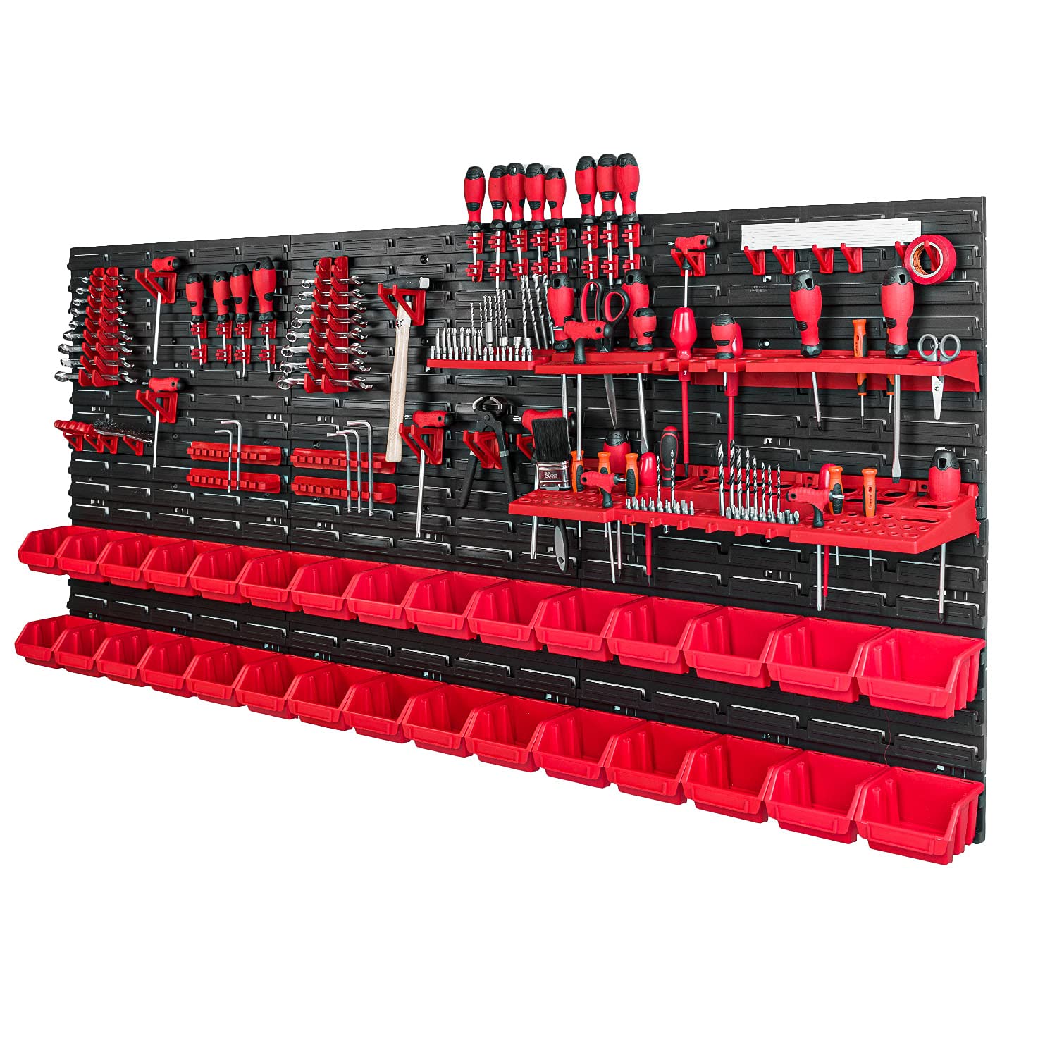 PAFEN Tool Wall with Stacking Boxes - 1728 x 780 mm - Storage System Set Tool Holders and 30 Pieces Box - Wall Shelf Workshop Shelf Perforated Wall Storage Boxes