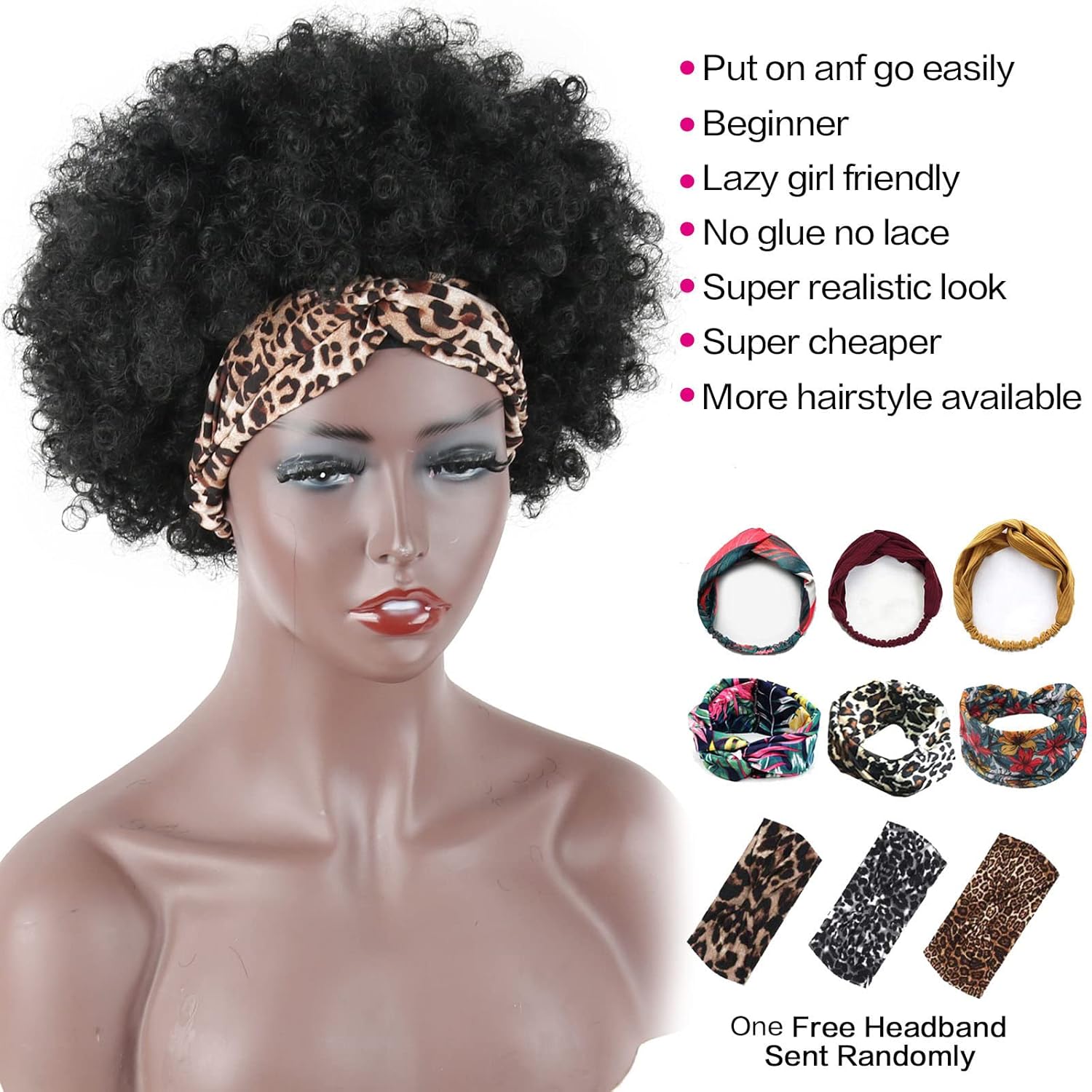 LEOSA Short Afro Kinky Curly Wigs for Black Women with Headbands Attached Synthetic Replacement Wig Hair Afro Kinky Wig Headbands For Women