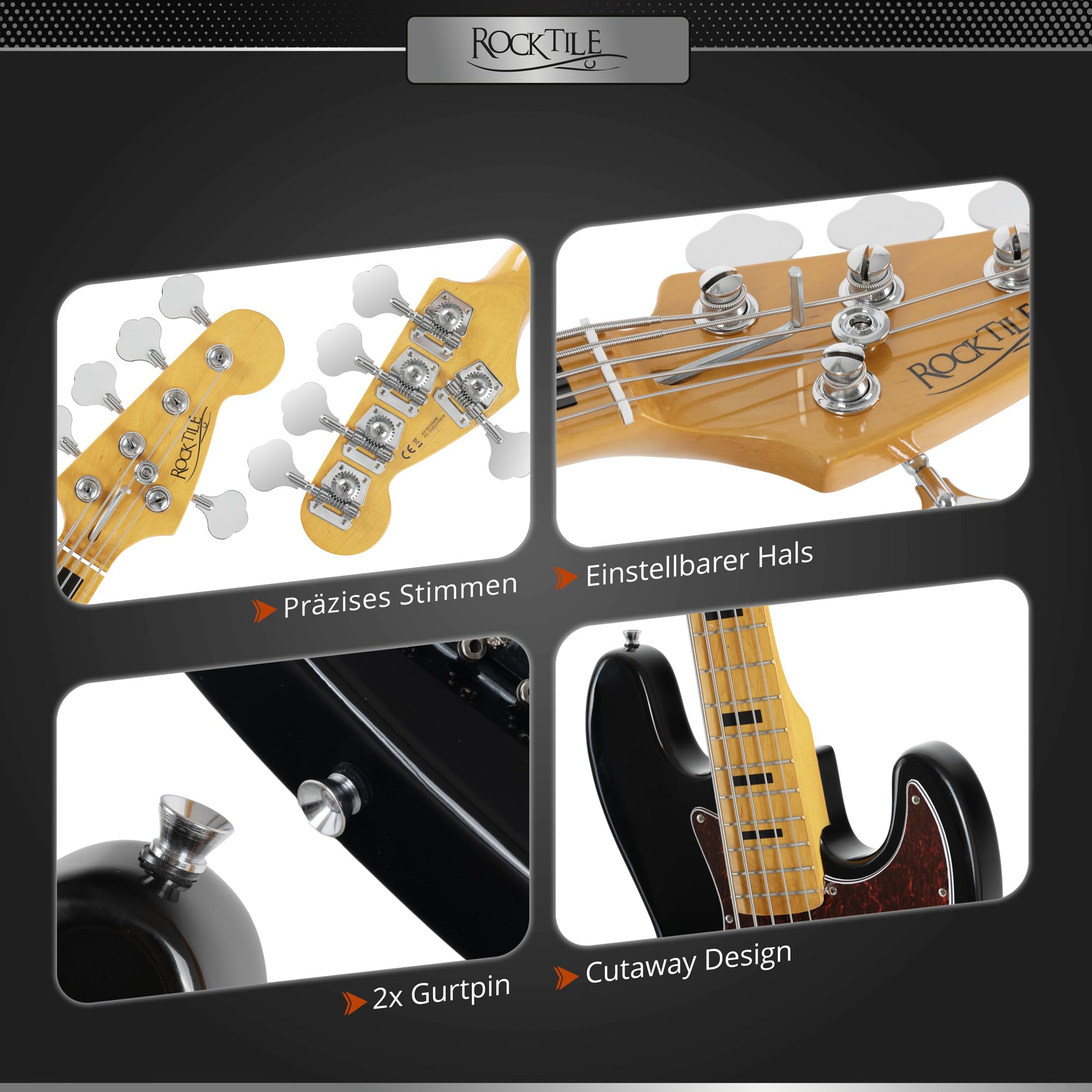 Rocktile Pro JBS50-BK E-Bass - 5-saitiger JB-Style Bass mit Lindenkorpus - Ahornhals & Ahorngriffbrett - 2x Single Coil Tonabnehmer - 2x Volume, 1x Tone Regler - 34" Mensur - Schwarz