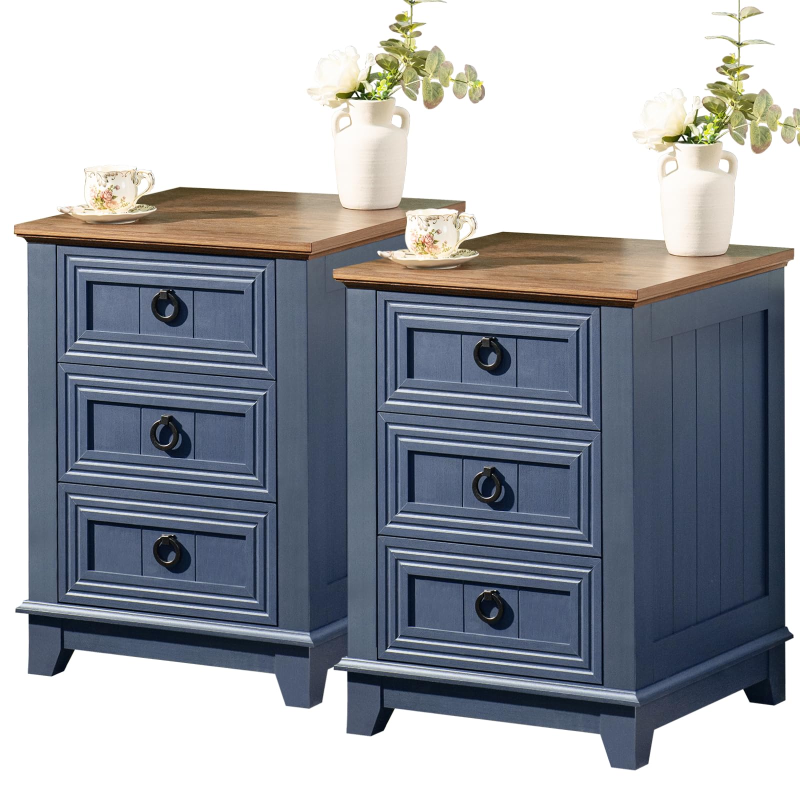Joaxswe Night Stand Set of 2, Farmhouse 18" End Table with 3 Drawer Metal Handle, Dresser for Bedroom, Sofa Bed Side Table Chest of Drawers,Wood Nightstand Cabinet for Organizer, Living Room-Blue