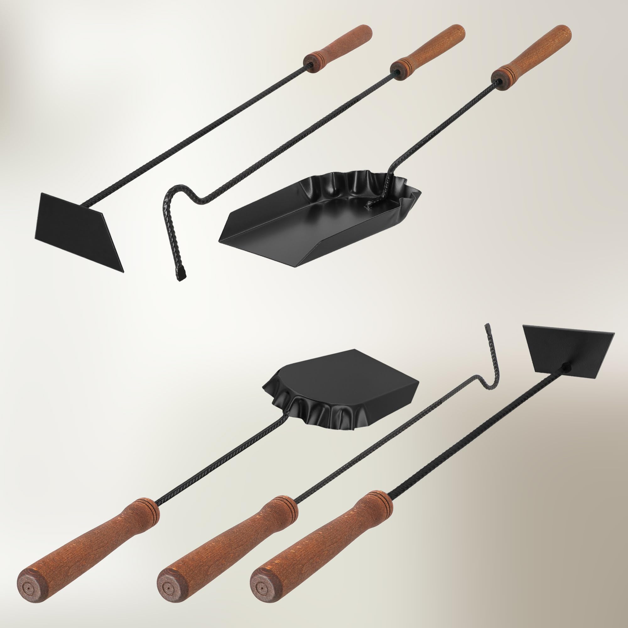 KOTARBAU® Kaminbesteck 4er Set mit Ascheeimer Schürhaken Besen Schaufel mit Holzgriff Kamingarnitur Ofenbesteck Kaminzubehör Pulverbeschichtetes Metall Braun und Schwarz