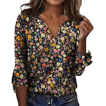 ZOCANIA 3/4 Length Sleeve Womens Tops Boho Floral Printed Shirts for Women V Neck Bell Sleeves Casual Vintage Shirt