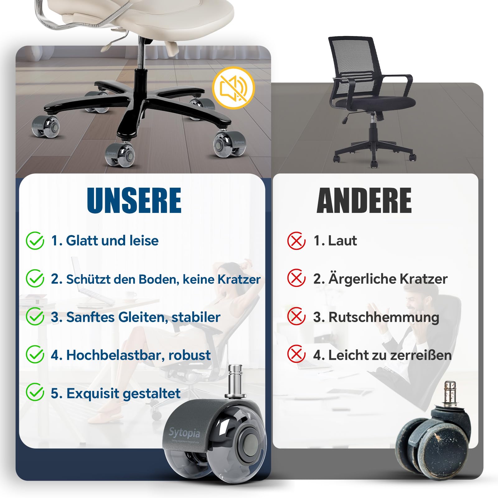 Sytopia Universele bureaustoelwielen, set van 5, 11 x 22 mm, perfecte stille rubberen wielen voor bureaustoelen en hard vloeren (donkergrijs, niet voor 1KEA