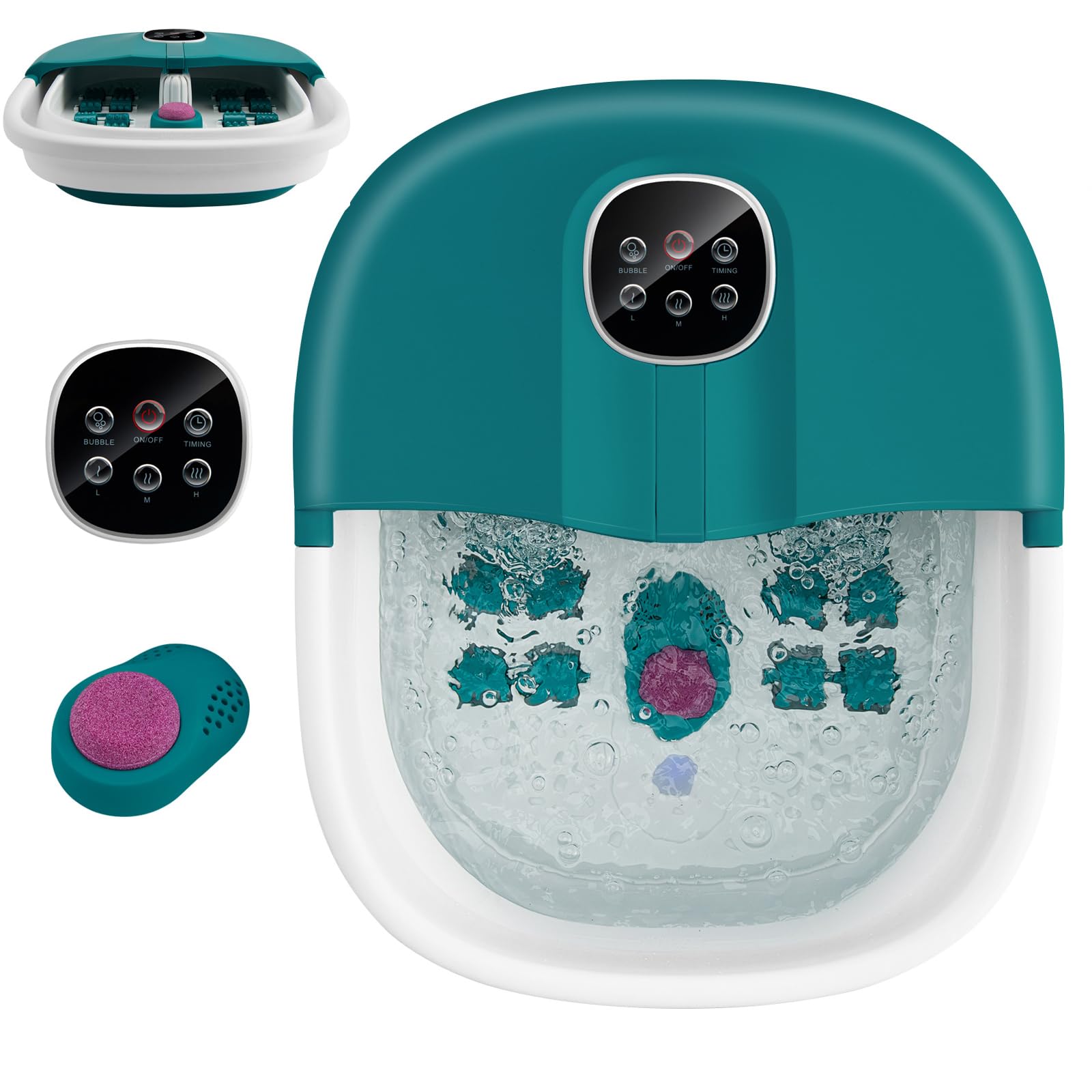 HOMFME Foot Spa Massager, Foldable Electric Pedicure Footbath with Heater Bubbles, Timer, 8 Massage Rollers & Remote Control, Portable Foot Soaker Tub for Tired Feet (Teal Blue)