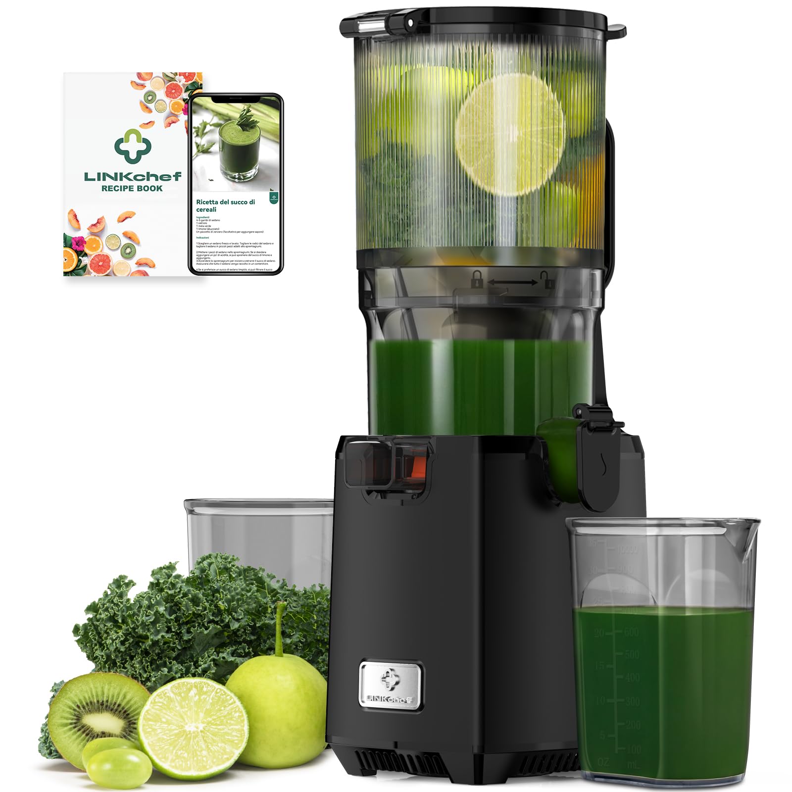 LINKChef Estrattore Frutta e Verdura con Centrifuga 130mm, Estrattore di Succo Slow Juicer, BPA-Free, Capacità 1.8L, Facile da Assemblare,Operazione One-Touch