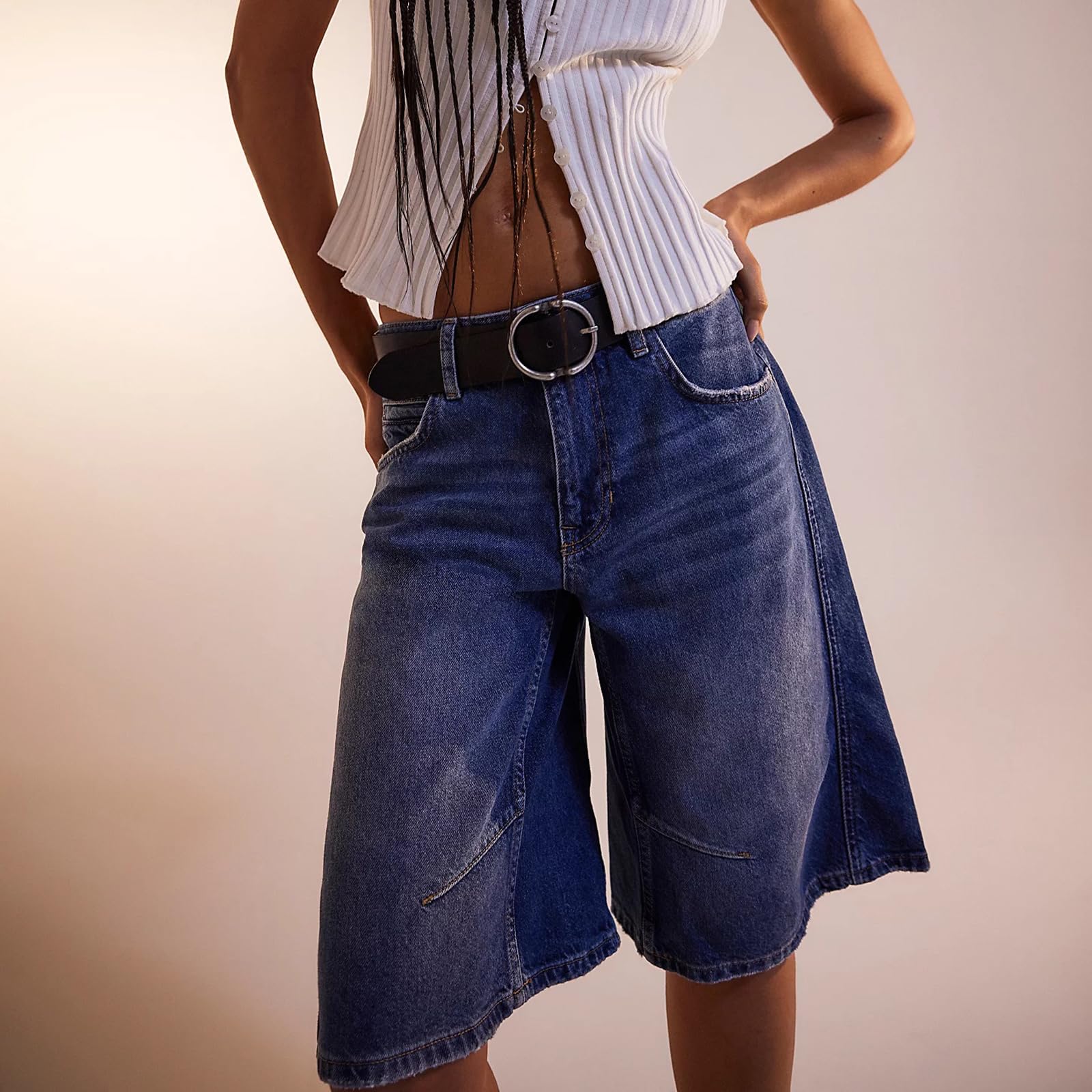 Short en jean ample pour femme - Longueur genou - Style décontracté - Motif cœur - Taille haute - Bermuda ample - Jambe large - Avec poches