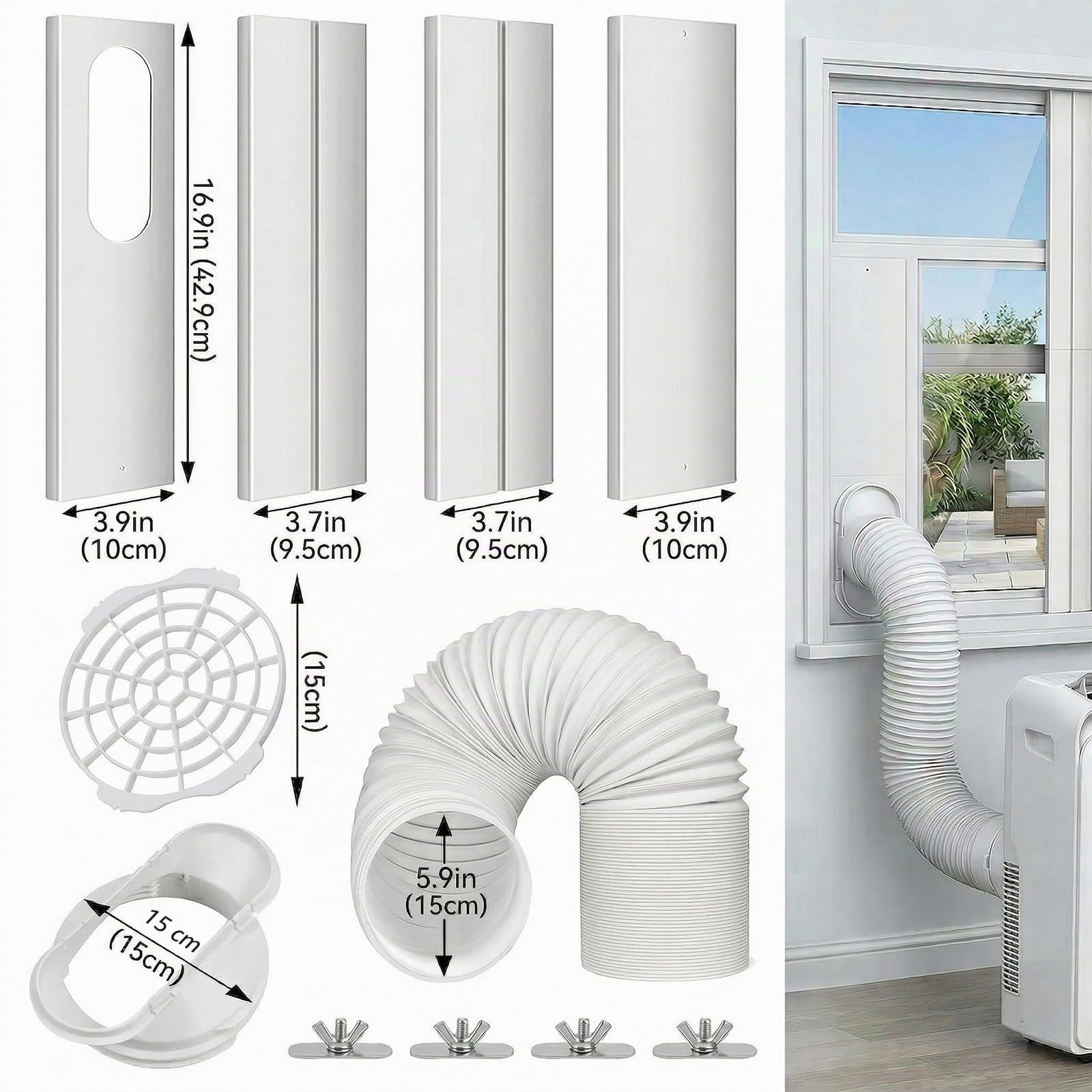 Kit Ventana Aire Acondicionado, 4 Placas de Sellado Kit Puerta de Corredera Ajustable 43-150cm, Accesorios Aire Portátil con Tubo 150mm de Diámetro para Ventanas Correderas