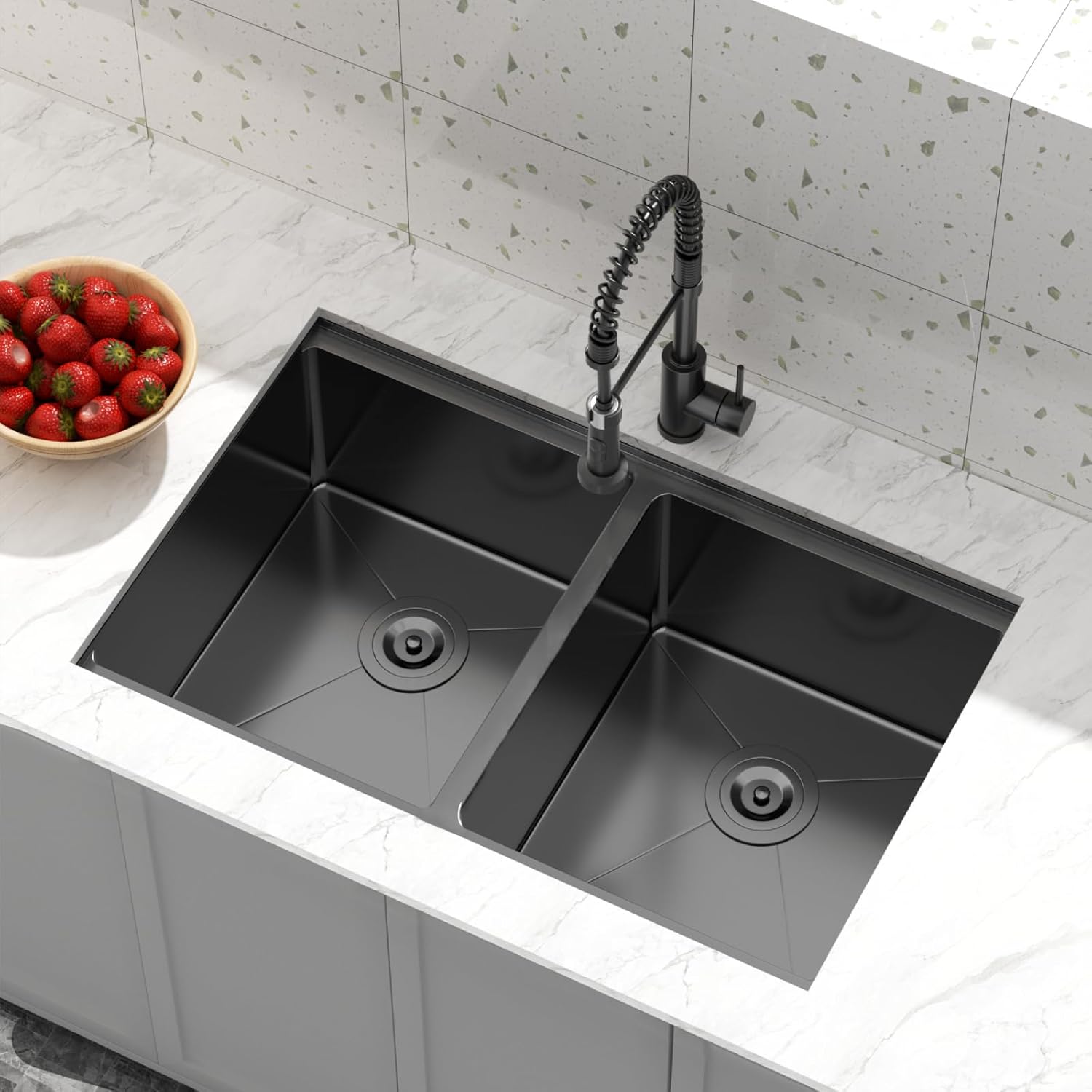 Black Double Bowl Kitchen Sink: Modern Stainless Steel Drop In 8.625” Deep Workstation 50/50 with Accessories, 30x18 for Home Kitchen & Remodel (Black, 3018D)