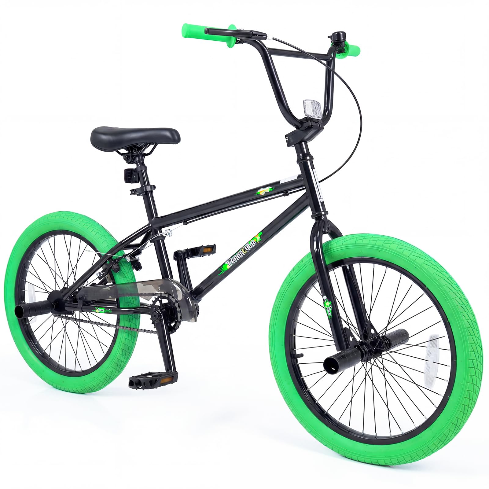 Goplus Freestyle BMX Bike, 20" Trick Bicycle w/ 360 Degree Steering, 4 Pegs, Adjustable Seat, U-Brake, High Carbon Steel Frame for Beginner Riders, Training Bike for Teens Adults (Green)