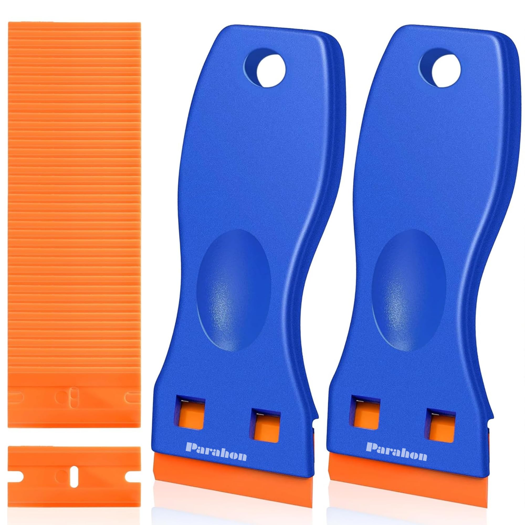 2PCS Plastic Scraper with 100 Plastic Blades Multipurpose Non-Scratch Scrapers Tool Kit for Cleaning Labels, Decals, Stickers, Adhesive, Paint, Glass, Car Windows (100Blade + 2 Scraper)