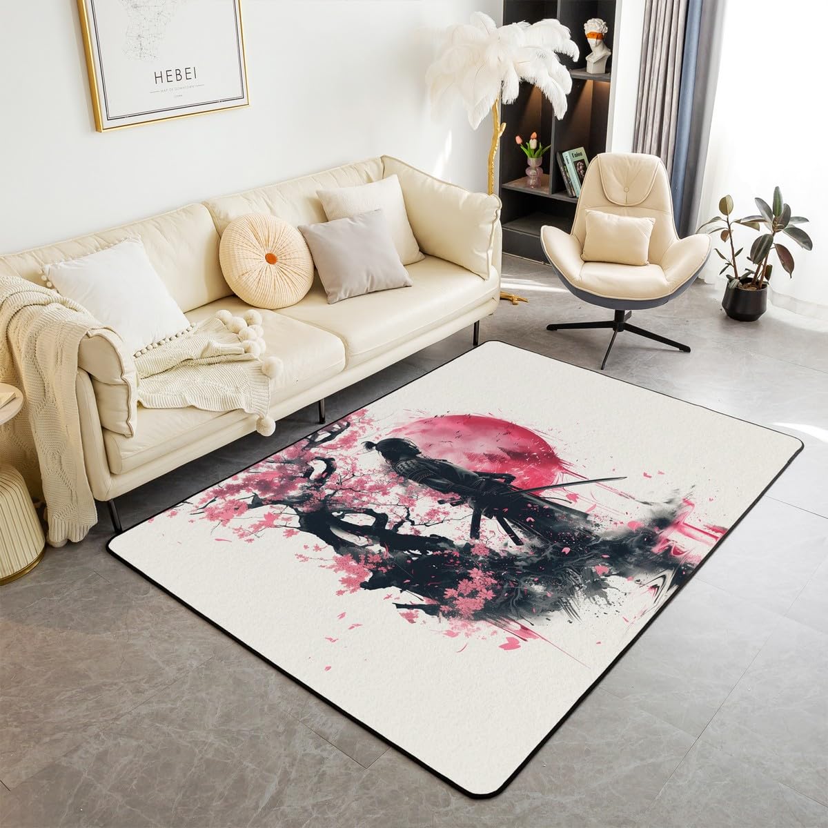 Homewish Style Japonais Tapis Salon Anime Japonais Samouraï Tapis 100x150 Sakura Red Sun Tapis Intérieur et Extérieur Encre Noir Rouge Tapis Décoratif Apanese Ukiyo E Salon Tapis