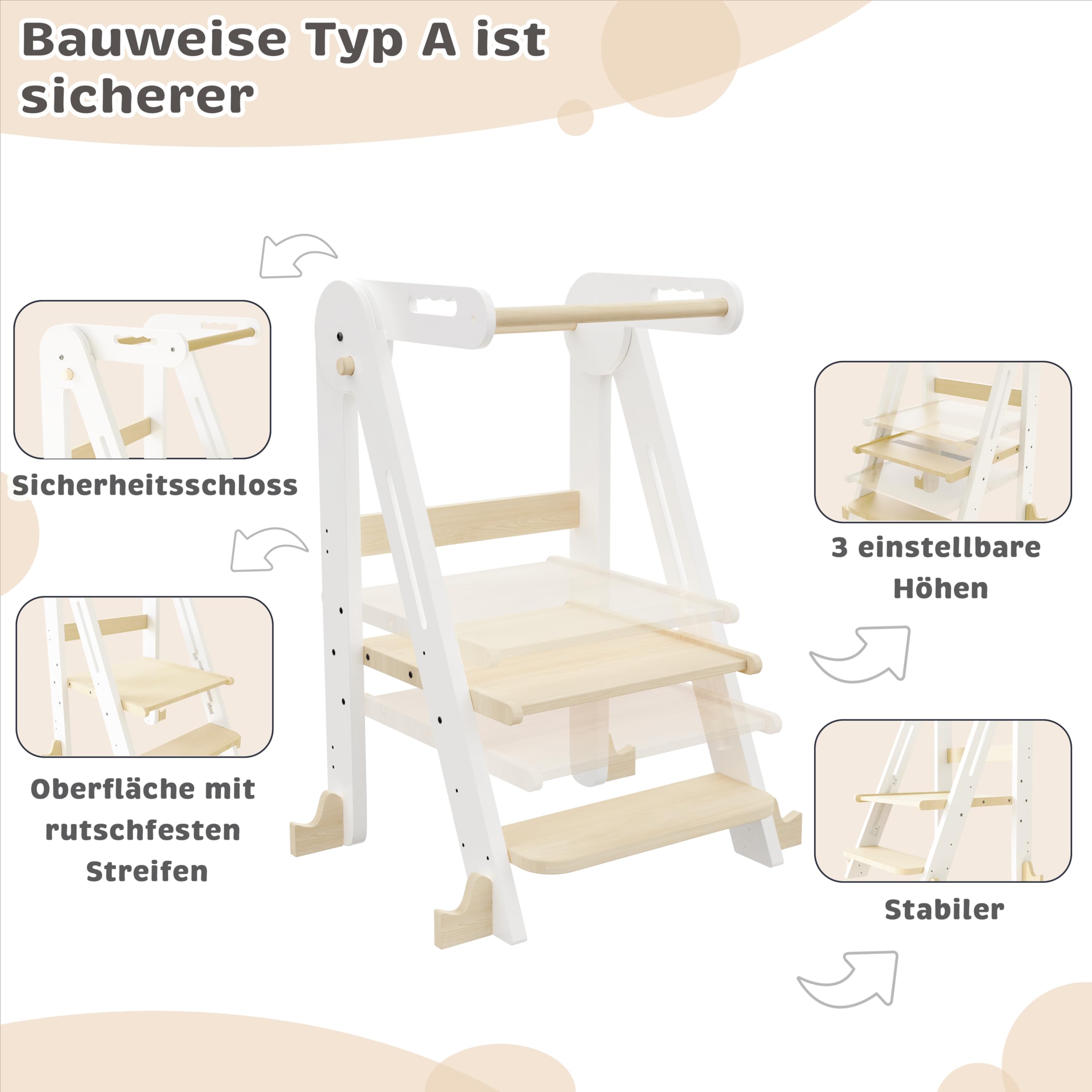 Klappbarer Toddler Tower Tritthocker Höhenverstellbar (Weiß) | Sicherer Kinderhocker ab 1,5 Jahren | Höhenverstellbar & faltbar für Bad & Wohnzimmer. Mit Rutschschutz