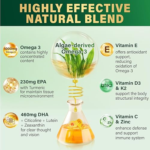 Miniatura 3 de Gomitas de suplemento Omega-3 para mujeres y hombres  1000 mg de Omega3 DHA y EPA vegano con cúrcuma, vitamina D3, K2, citicolina para la salud