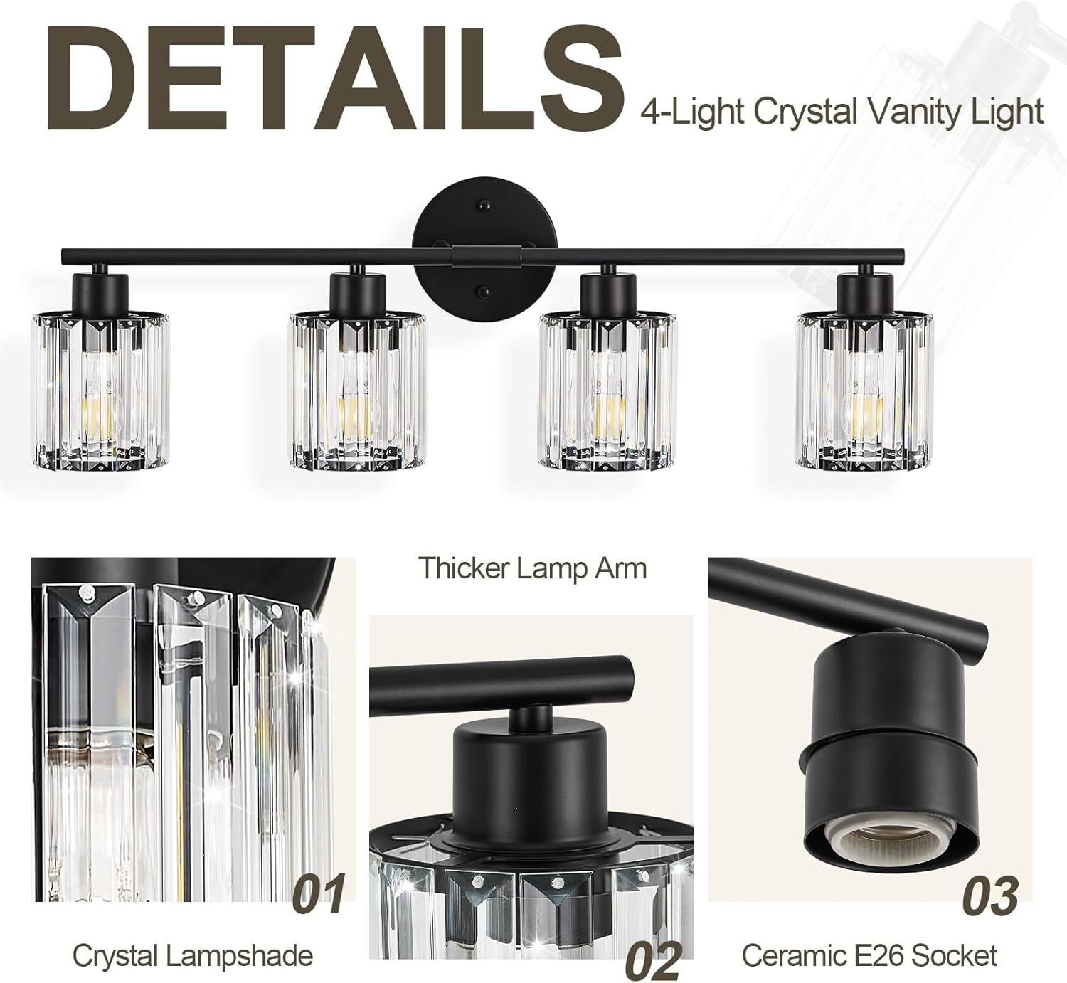 Crystal Bathroom Light Fixtures, Bathroom Lighting Fixtures Over Mirror, Modern Black 4-Light Vanity Lights for Mirror, Restroom, Bedroom (Ceramic E26 Socket,Bulbs Not Include)