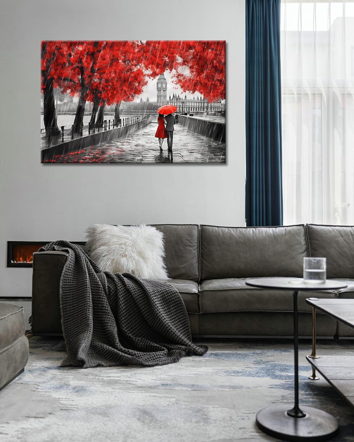 GLOKAKA Contemporary Wall Art Black White and Red Umbrella Couple in Street Big Ben Oil Painting Print Canvas Wall Art Romantic Picture Artwork for Bedroom Living Room Decor