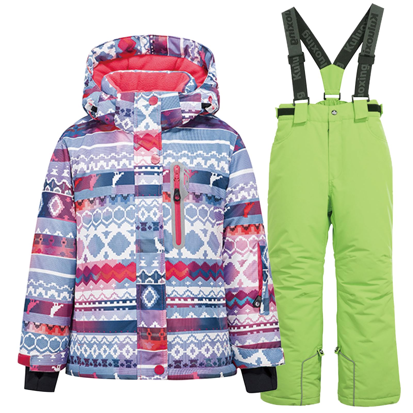 Conjunto de traje de esquí infantil de 2 piezas con capucha, traje de nieve impermeable a prueba de viento para niños y niñas, chaqueta de esquí cálida y pantalones de esquí, pixeles +
