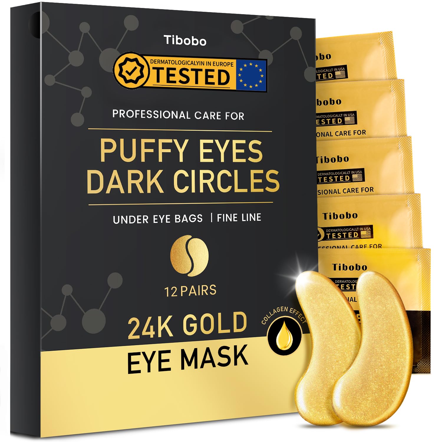 24K Gold Under Eye Patches, 12 works Gel Eye Pads Skincare, Collagen Hyaluronic Acid, Against Dark Circles