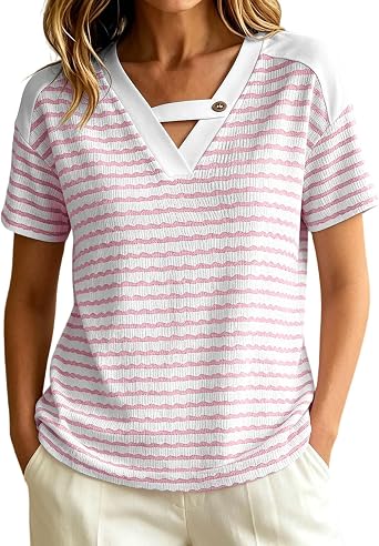 Women Blouses V Neck Short Sleeve Loose Fit Striped Tunic Top Cutout Button Detail Casual Summer Work Shirts