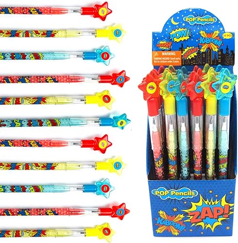 Tiny Mills - 24 lápices apilables de varios puntos con borrador para superhéroes, cumpleaños, fiesta, premio, carnaval, bolsas de regalos,