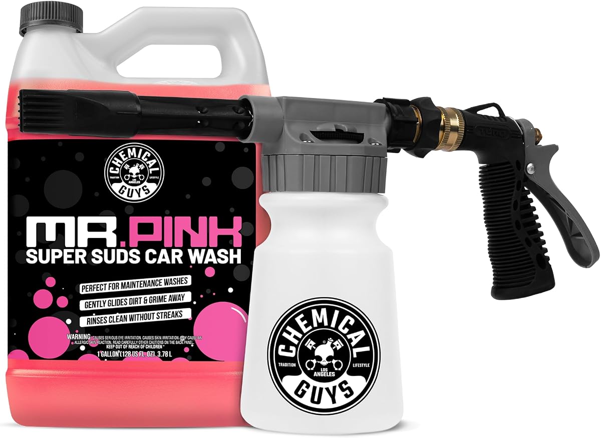 Pistola de espuma Foam Blaster EZ y kit de jabón Mr. Pink, galón | Pistola de espuma para manguera de jardín combinada con jabón espumoso para lavado de autos Mr. Pink para obtener espuma espesa, no se necesita lavadora a presión