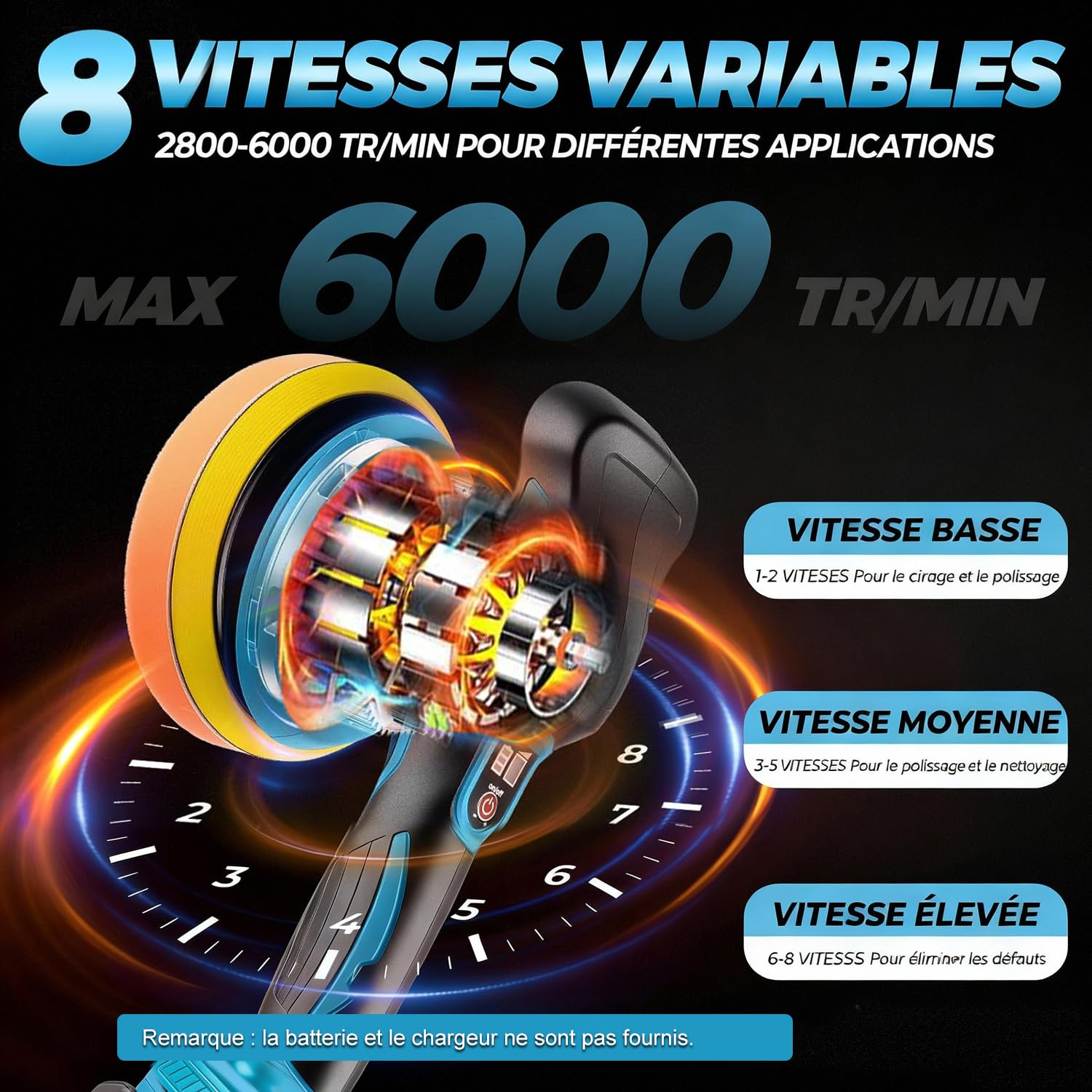 Polisseuse Voiture Sans compatible avec Makita 18 V, 8 vitesses (2800-6000 tr/min), 27 pièces poignée amovible des Voitures et Des Bateaux, Polissage,Cirage et Finition des Voitures(Sans batterie)