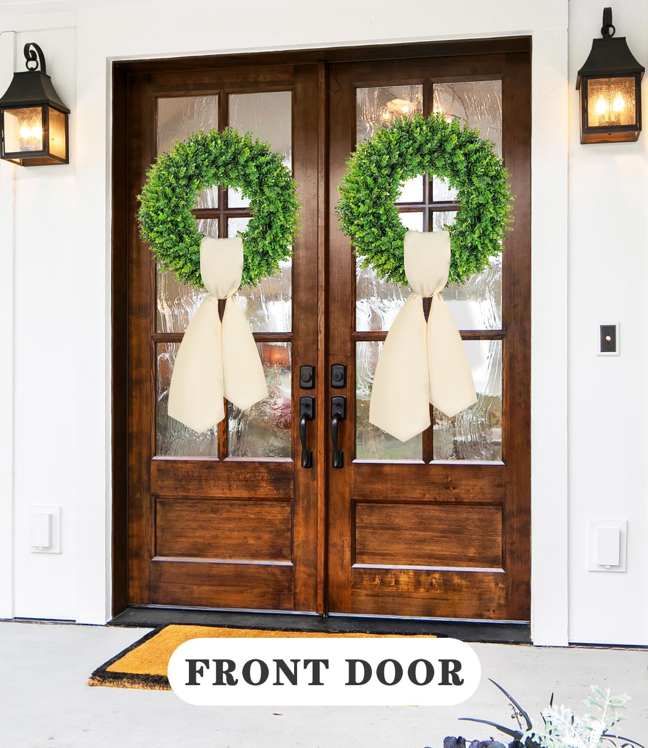 PLANT'D 24inch Boxwood Wreaths for Front Door All Seasons Artificial Preserved UV Resistant Green Winter Spring Summer Door Wreath for Outdoor Indoor Farmhouse Porch All Year Roun -with Sash