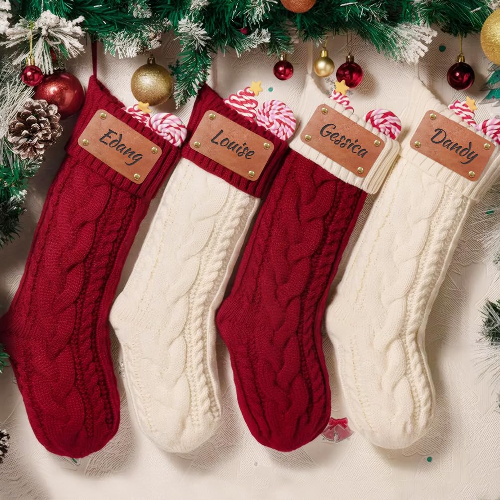 4 Chaussettes De Noël Suspendues Brodées - Décorations Cheminée Ou Sapin - Grand Format Pour Cadeaux Et Bonbons