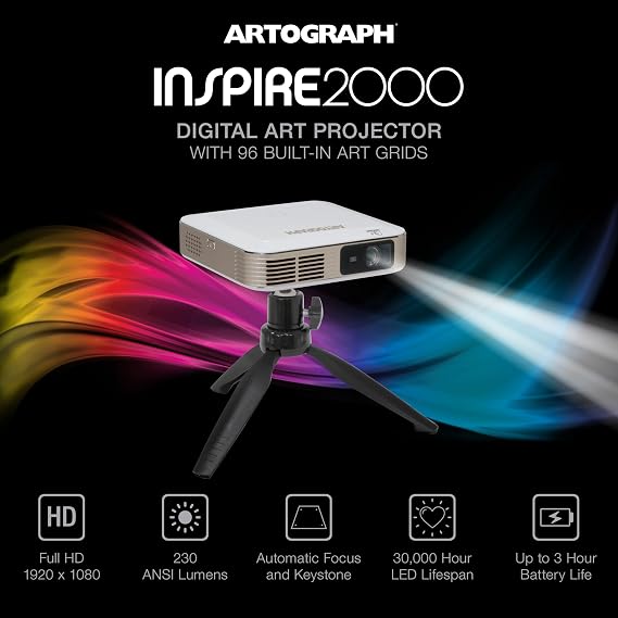 Artograph Inspire 2000 Digital Art Projector for Artists, Full HD 1080P DLP Projector with 96 Built-In Art Grids, Auto Focus, Auto Keystone, WiFi 6 Screen Mirroring, Rechargeable Battery