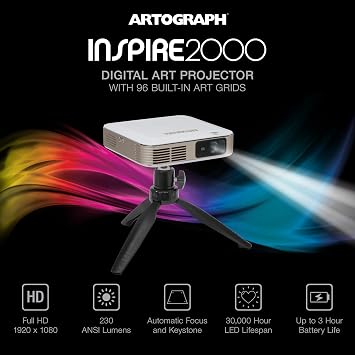 Artograph Inspire 2000 Digital Art Projector for Artists, Full HD 1080P DLP Projector with 96 Built-In Art Grids, Auto Focus, Auto Keystone, WiFi 6 Screen Mirroring, Rechargeable Battery