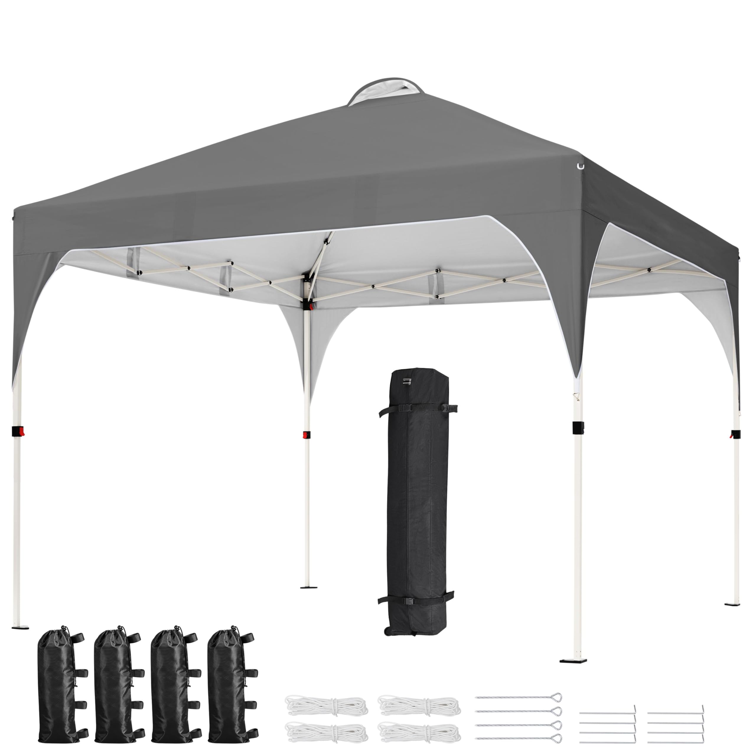 yaheetech 10x10 pop up canopy tent with vent, easy set up tent, instant sun shelter canopy with wheeled bag, 4 sandbags, 12 stakes & 4 ropes, for parties, beach, outdoor, dark gray