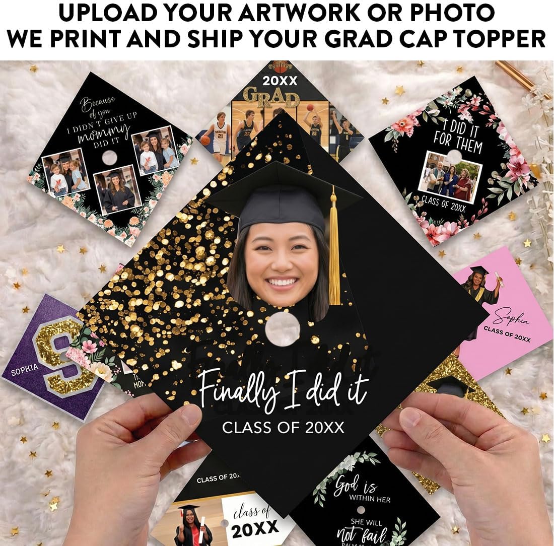 Andaz Press Upload Your Design Custom Graduation Cap Topper, 2026 Personalized Photo Grad Cap Decorations Kit, 2-Pack Adhesive Sheets for College High School Kindergarten Ceremony, School Logo, Text