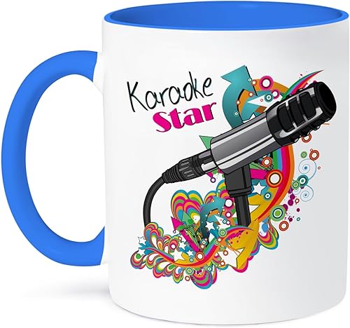 3dRose Karaoke Star Singer - Taza de dos tonos con micrófono de vector de arte pop moderno, colorido, 11 onzas, azul/blanco
