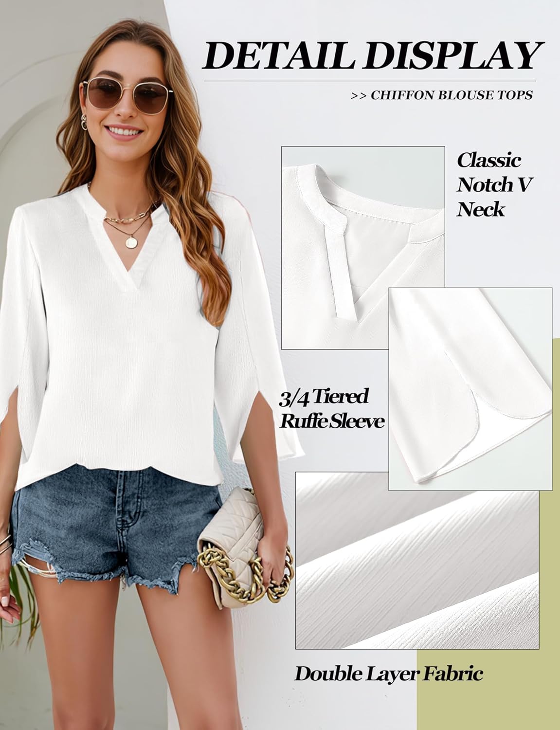 Women's 3/4 Sleeve Chiffon Blouses for Women Dressy Casual, V Neck Double Layers Chiffon Blouses Top - Image 4
