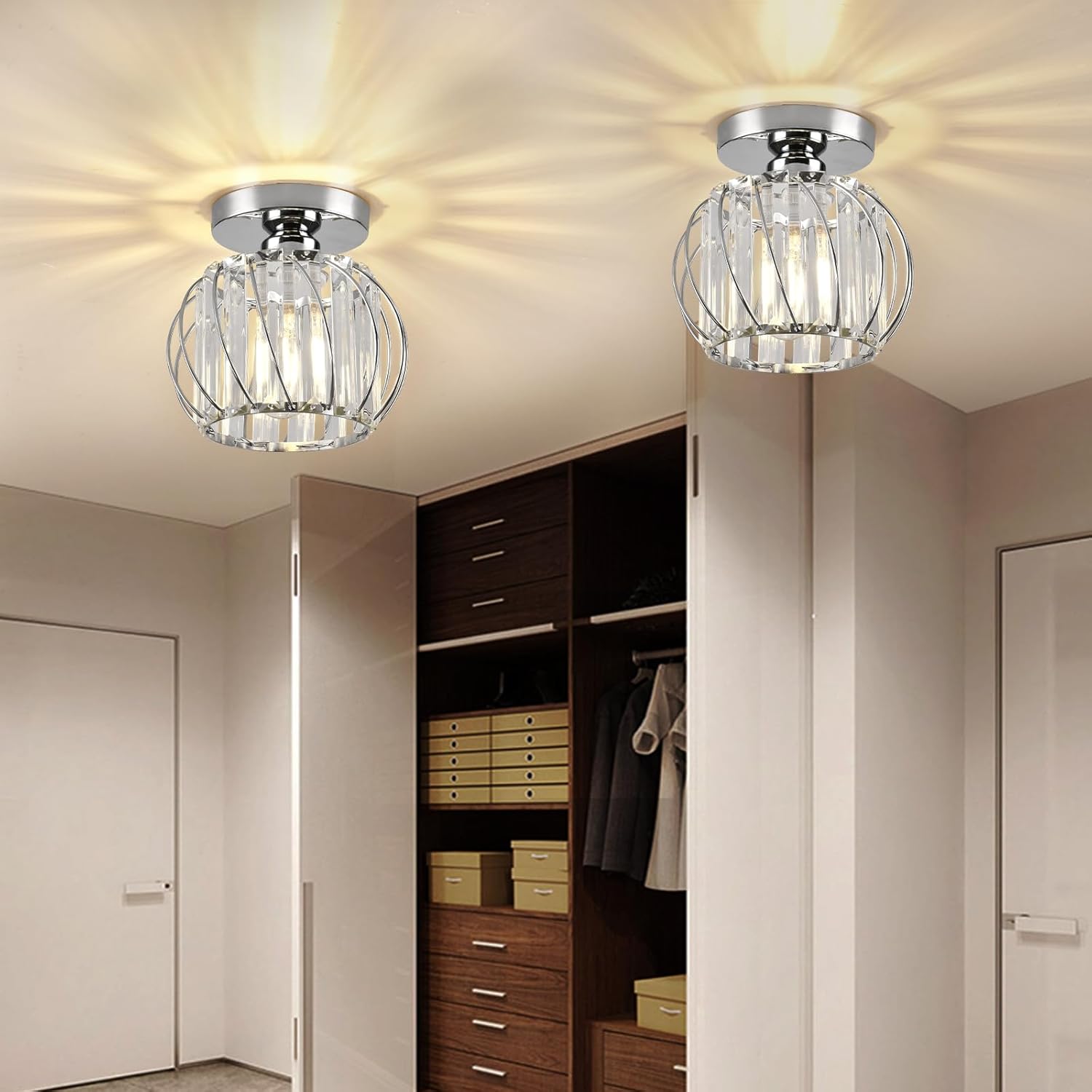 Crystal Semi Flush Mount Ceiling Light, Silver Crystal Chandelier for Kitchen, Hallway, Dining Rooms, Living Rooms, Bar, Farmhouse, 7.4 x 7.4 x 4.7 inches