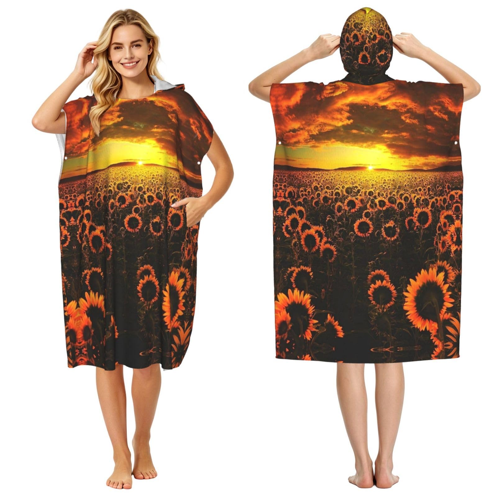 Sunflower Field Sunset Sea Of Flowers Print Changing Robe, Hooded Towel Poncho For Swimming Pool, Beach,Quick Dry & Light Weight Towelling Poncho For Adults Women Men