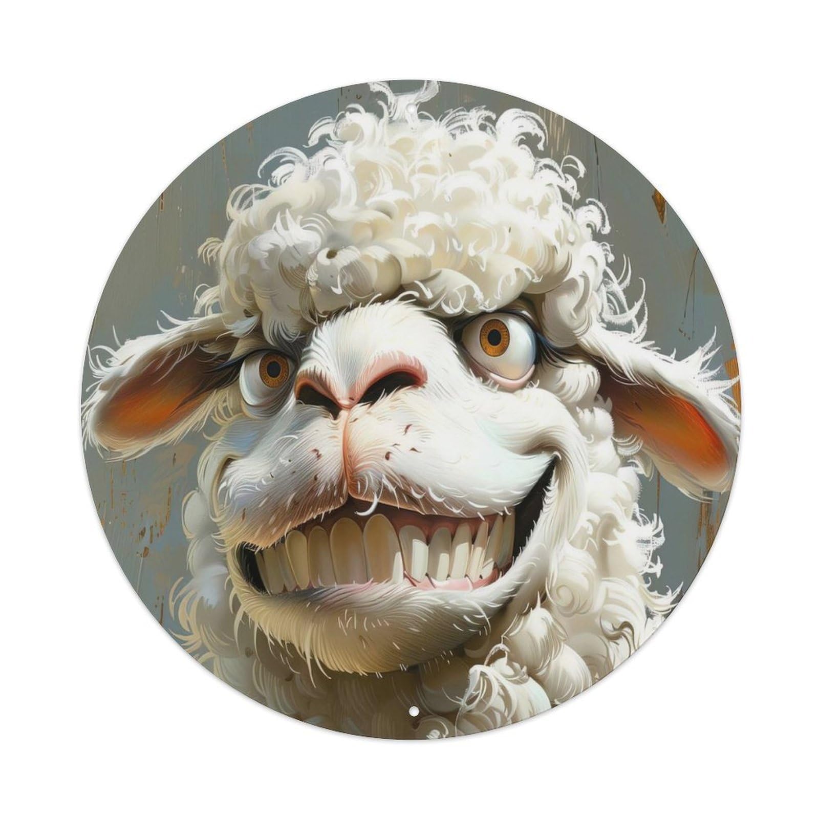 Animal Poster with Bad Smiley Sheep Vintage Metal Tin Sign Plaque Wall Decor for Cafe, Club, Garden Round Metal Poster 8x8Inch
