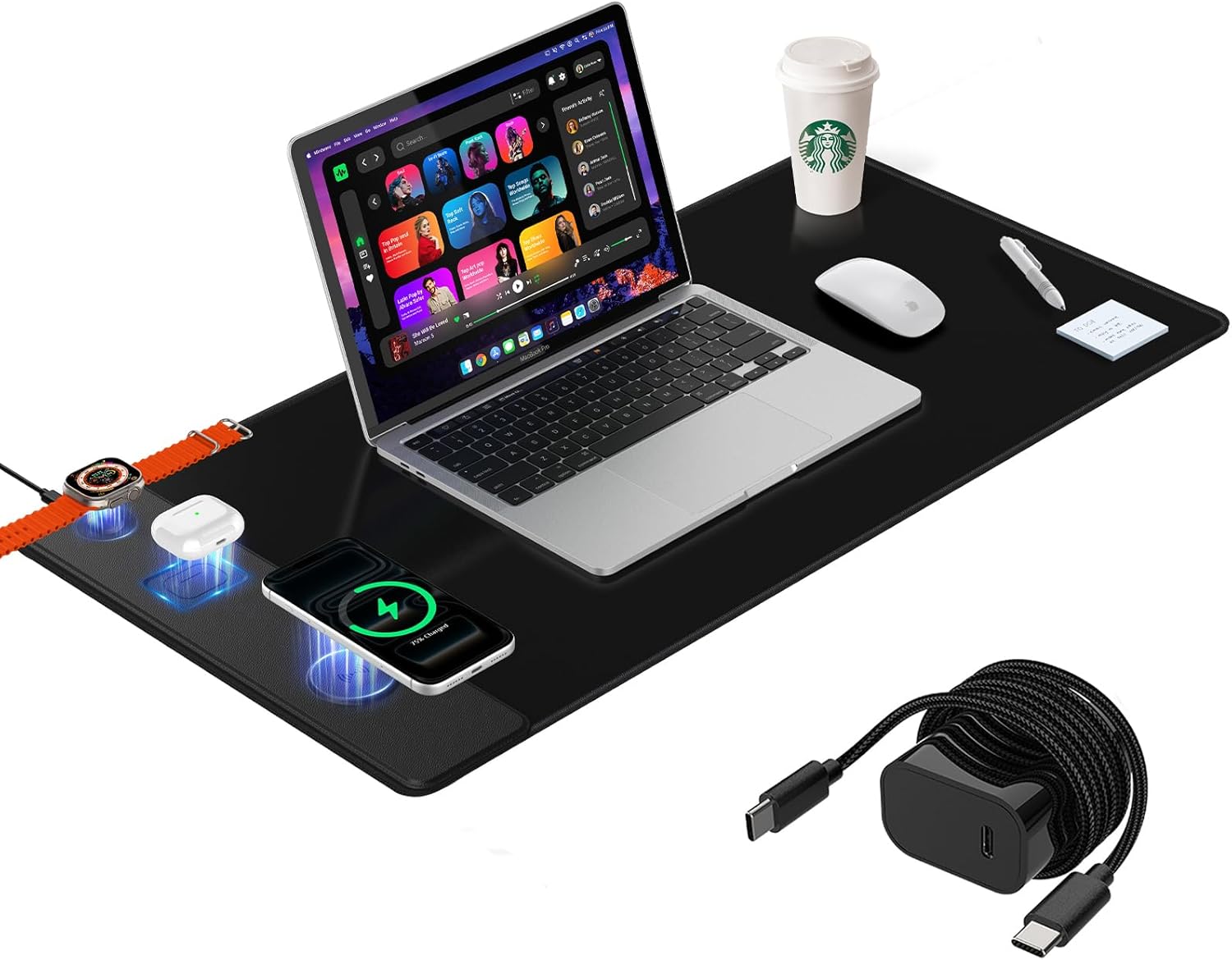 Mouse Pad with Magnetic Wireless Charging, Large Desk Mat, Non-Slip Mouse Mat, Keyboard Pad for Gaming, Desk, Office, PC (The Left Charging-Black with 20W PD Charger)