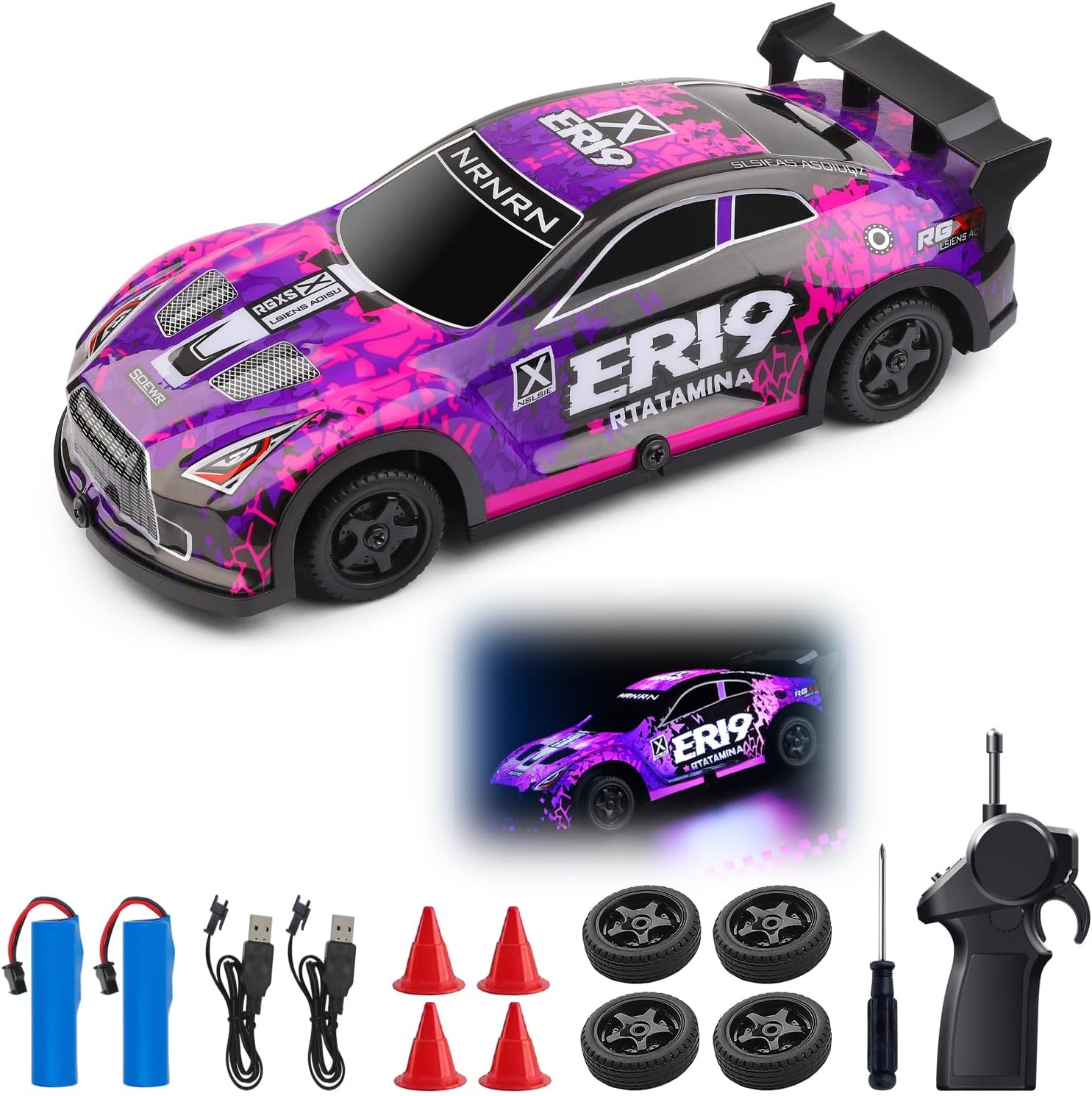 CKYSCHN WLtoys RC Drift Car 22206, 1/22 15KM/H Remote Control Cars with LED Lights, 2.4G Racing Sport RC Vehicle with Drifting & Racing Tires with 2 Batteries (Purple)