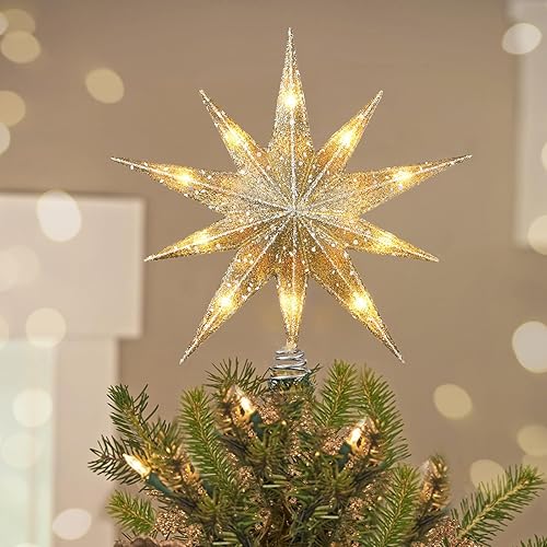 Luxspire Christmas Tree Topper, Lighted Star Tree Topper with USB Plug-in & Remote Control, 9.8" Christmas Tree Star Lights for Home Holiday Decor, 6H Timer & 8 Lighting Modes, Champagne Gold