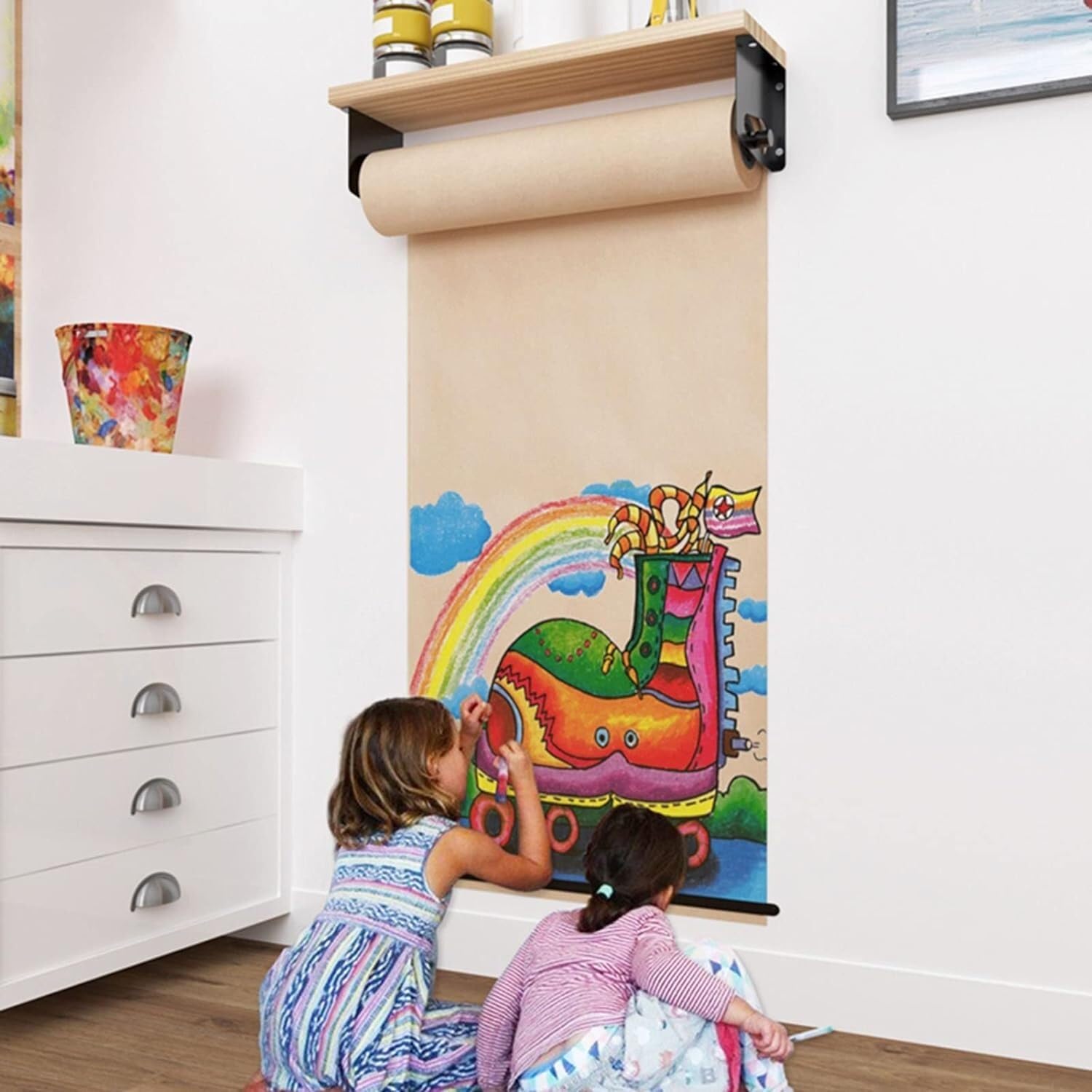 Espositore per Rotoli di Carta Kraft per Adulti/Bambini con ripiano in Legno e Dispenser per Post-it a Parete con taglierino(100 cm/39,4 Pollici di Larghezza)